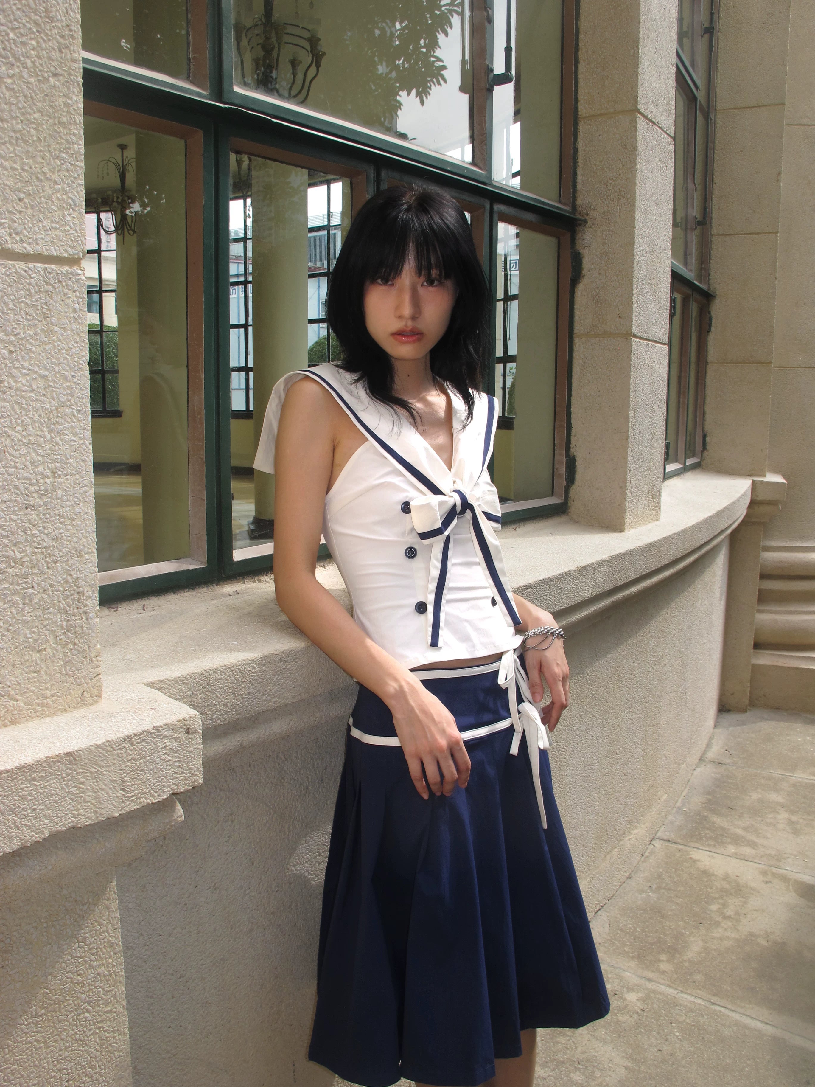 Enteralt Waist Vest Lace-up Pleated Skirt Set