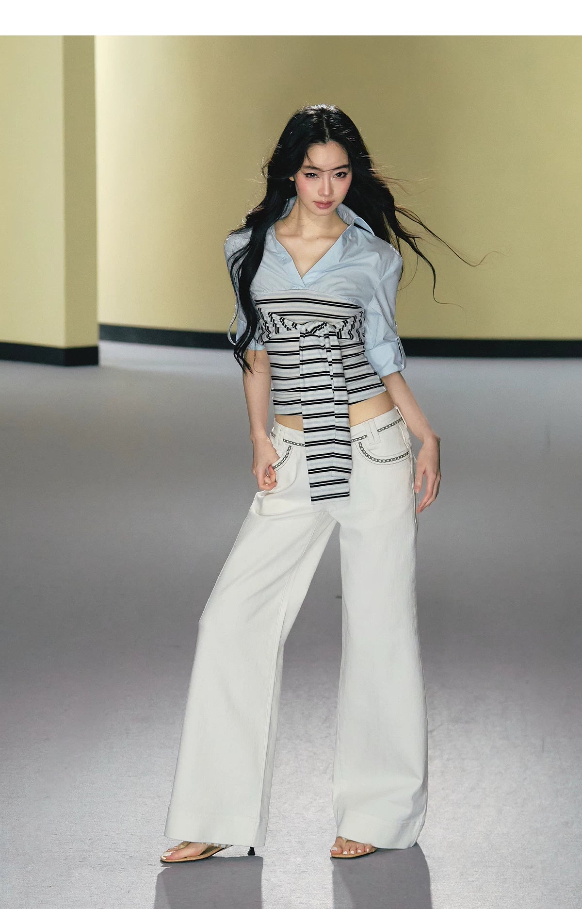AGAM Fake Two-piece Stitched Striped Contrasting Strap Shirt