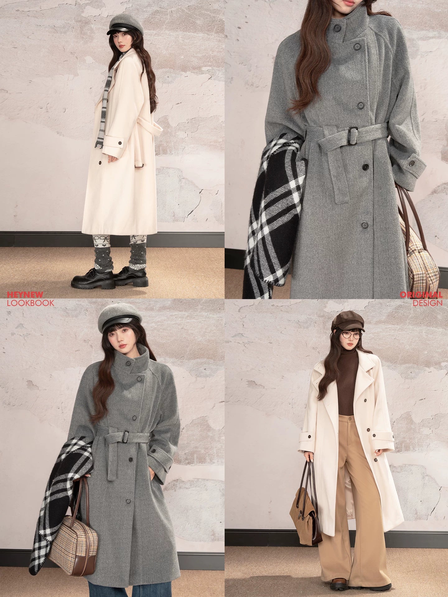 LOVEHEYNEW Stand-up Collar Waist-strapped Woolen Coat