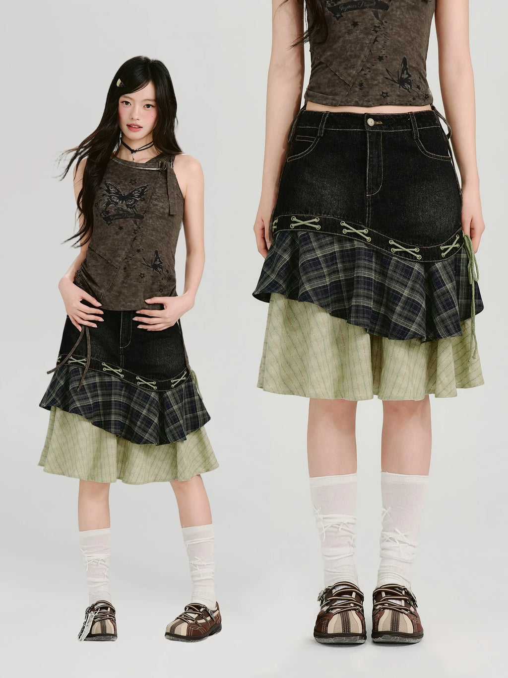 Girlyhalo Vintage Multi-layer Patchwork Denim Skirt