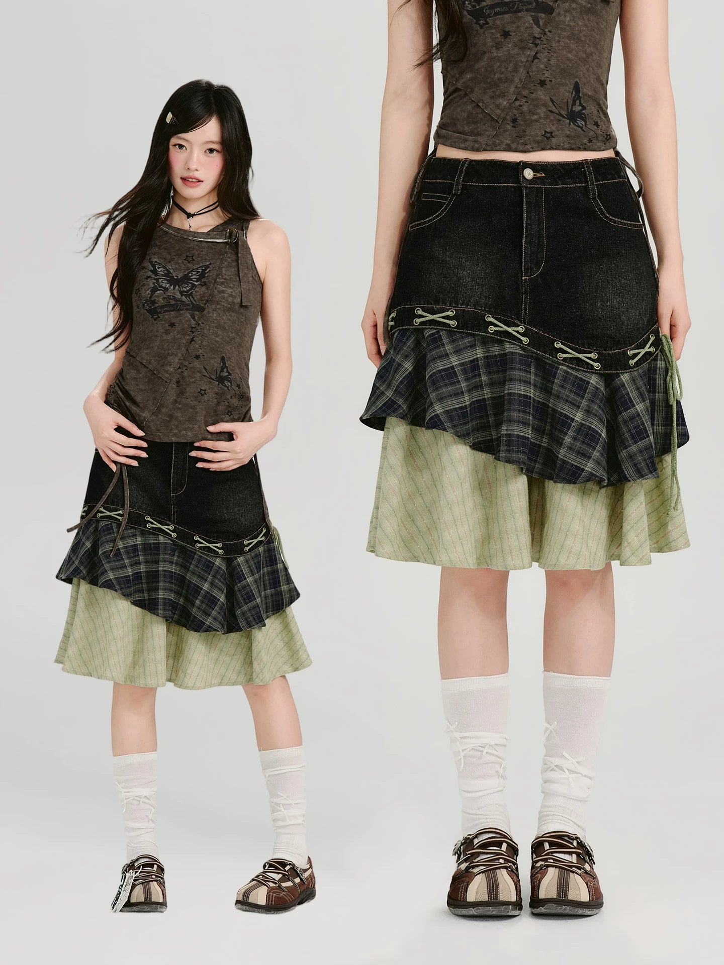 Girlyhalo Vintage Multi-layer Patchwork Denim Skirt