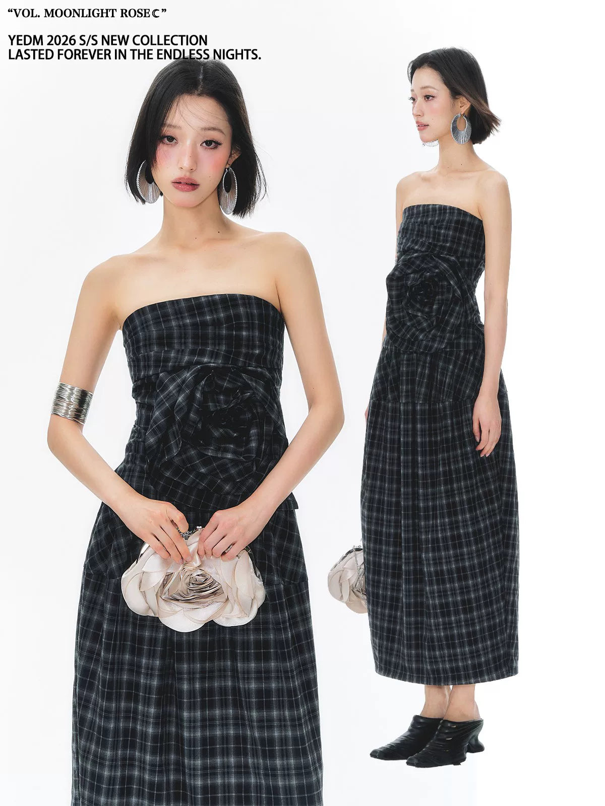 YEDM Retro Plaid Three-dimensional Rose Tube Top Set