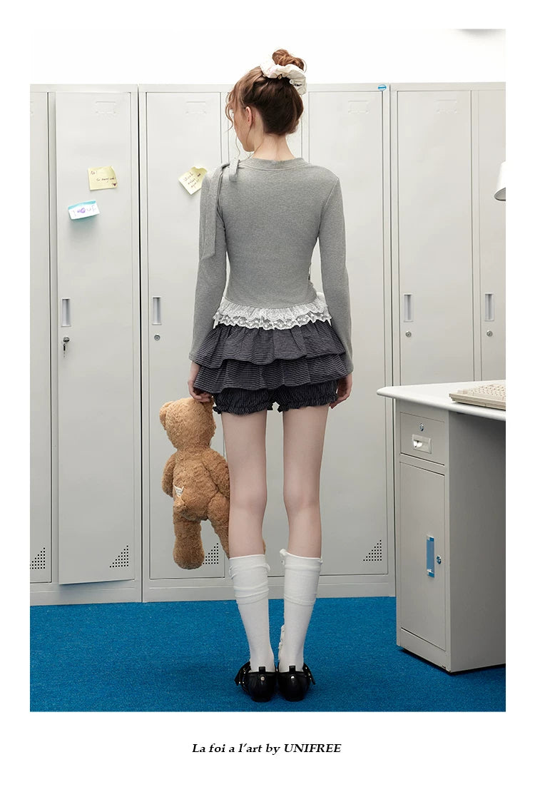 UNIFREE Bow Strap Simple Versatile Lace Edge Long Sleeve