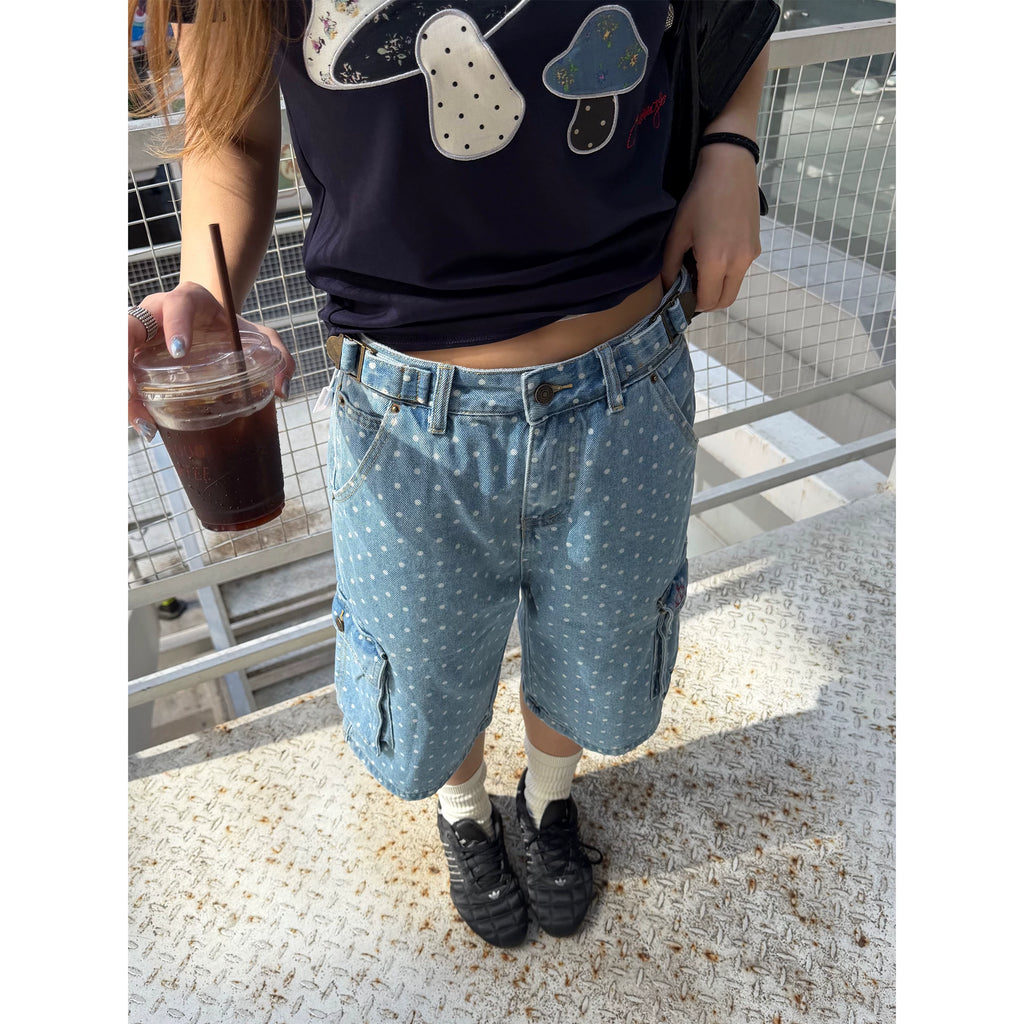 CCYE Retro Polka Dot Denim Cropped Shorts