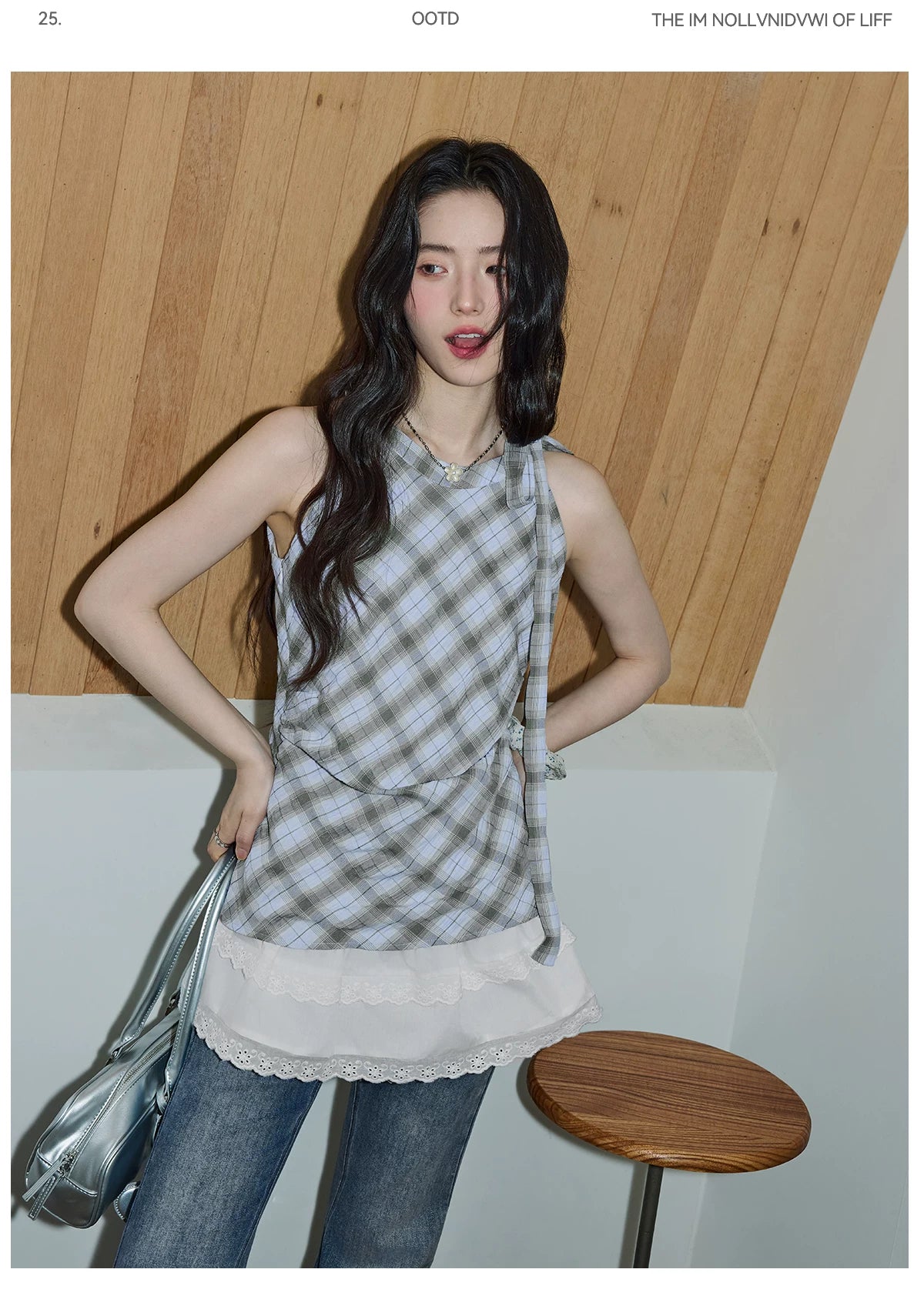 XUJING Lace Stitching Plaid Sleeveless Shirt