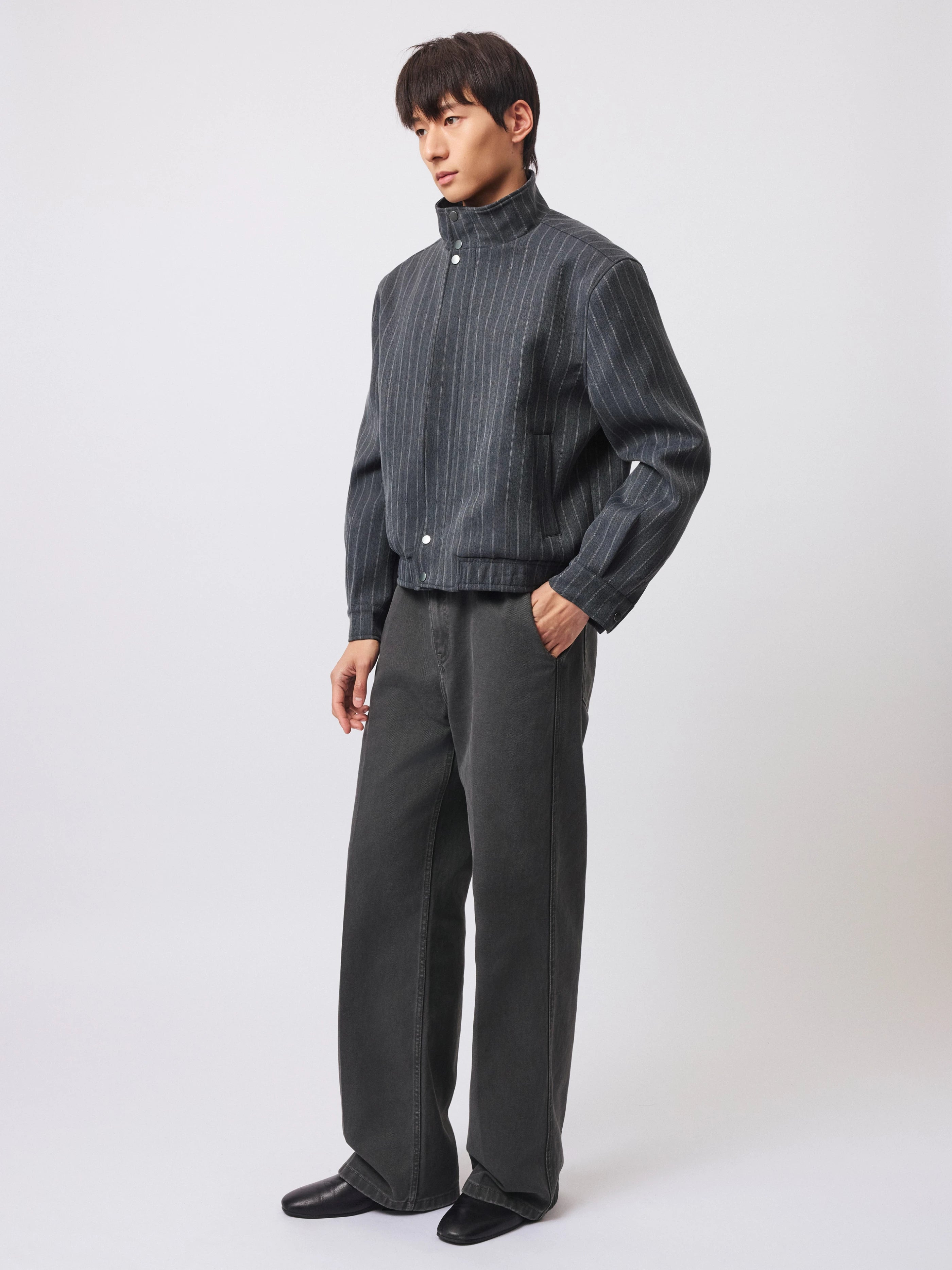 Stay the Night Vintage Striped Shoulder Fit Harrington Stand-Up Jacket