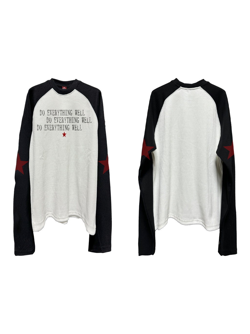 DETW 24AW * Original [Red Star Slogan] Threaded black and white splicing shoulder sleeve Tee
