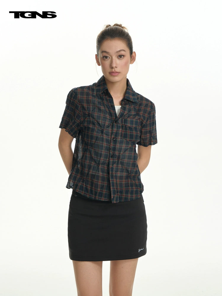 TGNS Woven Plaid Front Shoulder Short-sleeved Shirt