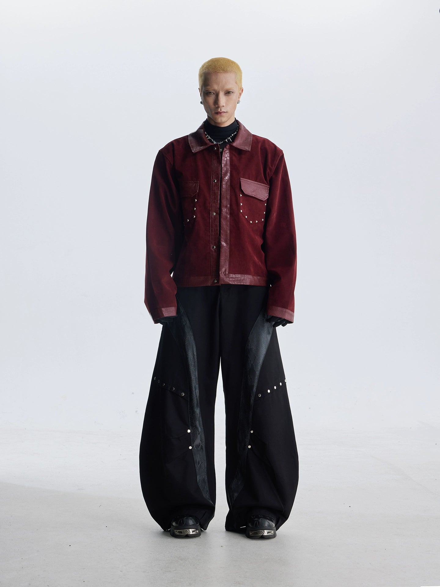 NOMANIAI Splicing Rivets Embellish Flocked Jacket Button Coat