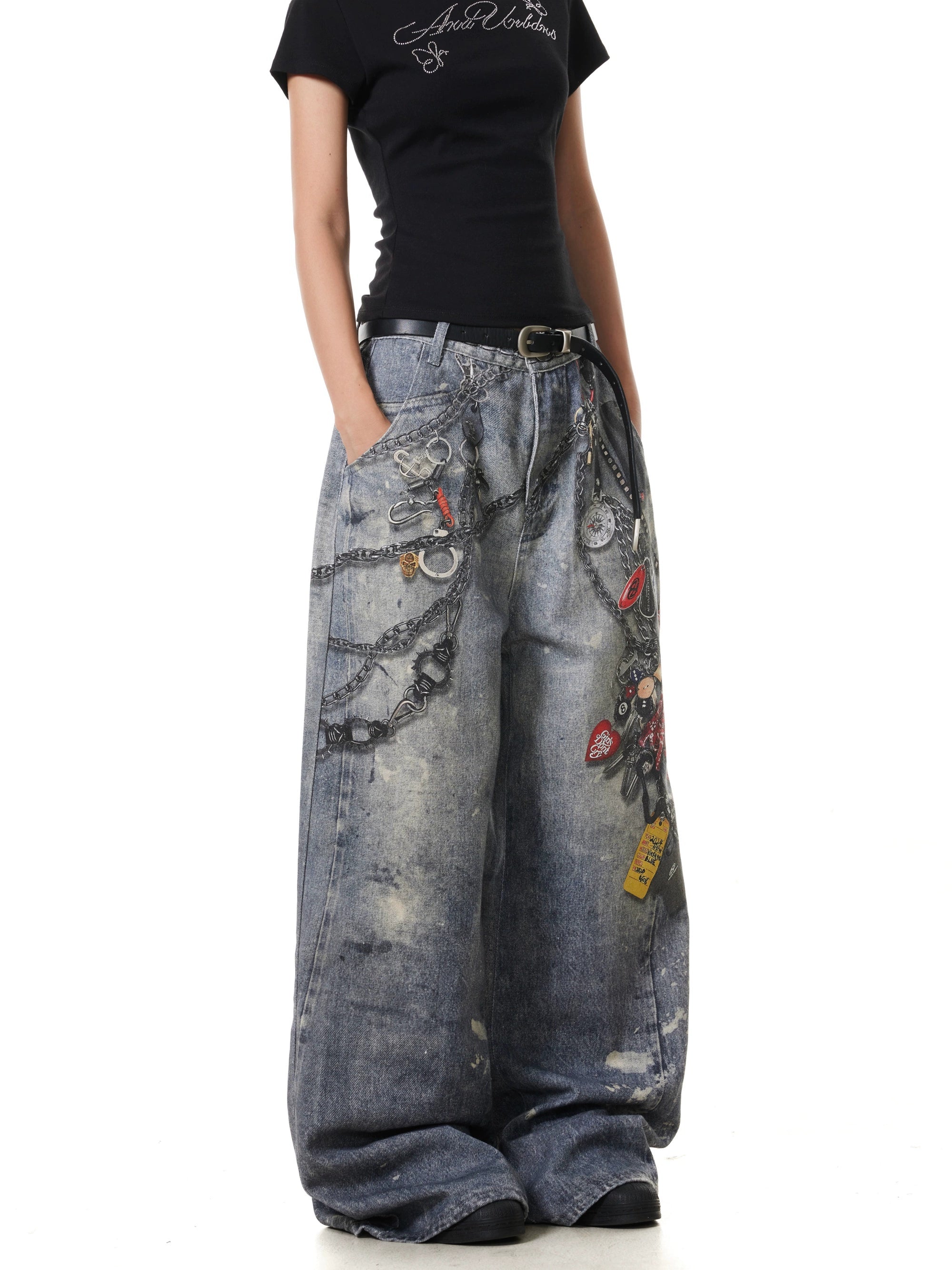 BTSG "Washed and old splashed ink 3D digital printing chain jeans"