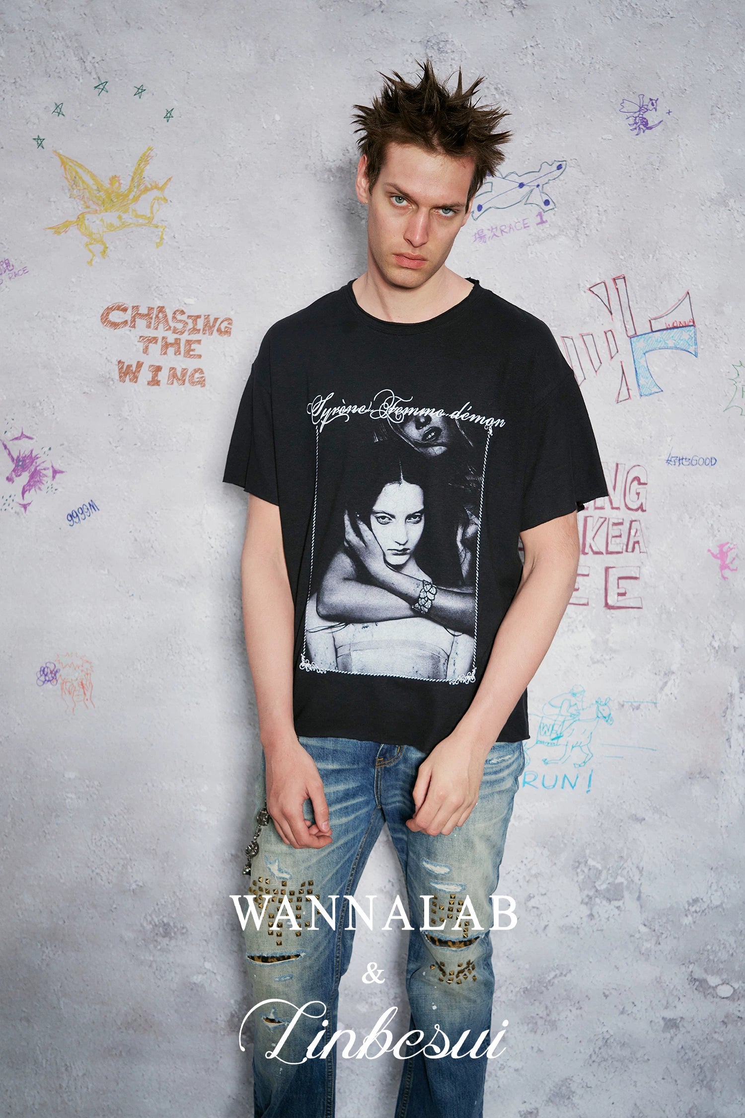 WANNA LAB Embroidery Loose Casual Tee