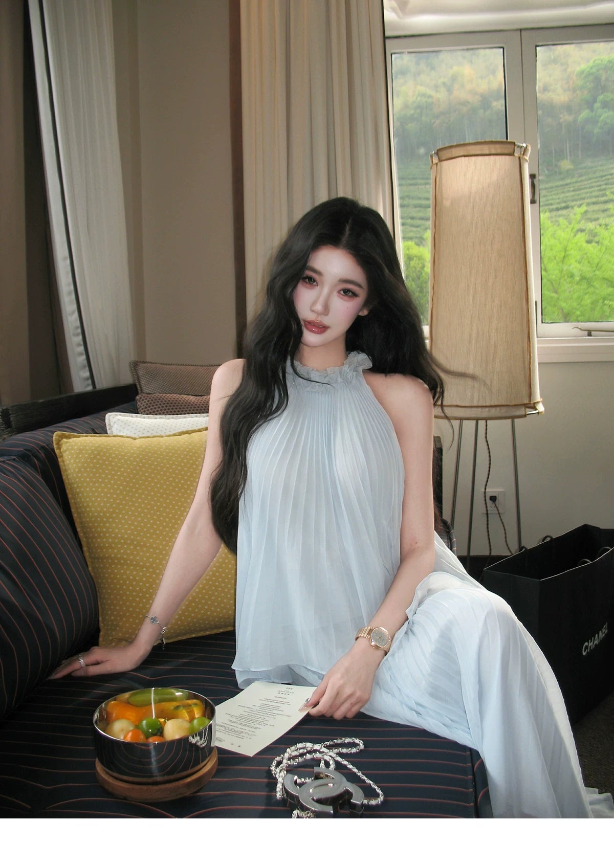 BarbChill Pleated Chiffon Neck Top Long Skirt Set