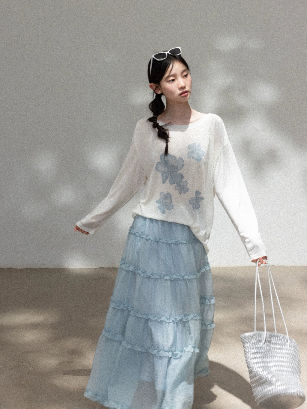 Cantonstory Lazy Crew Neck Thin Long Sleeve Skirt Set
