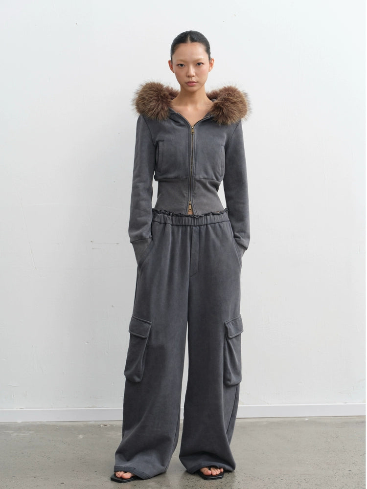 LINY LIBERTY Removable Fur Collar Short Sweater Casual Sweatpants Set