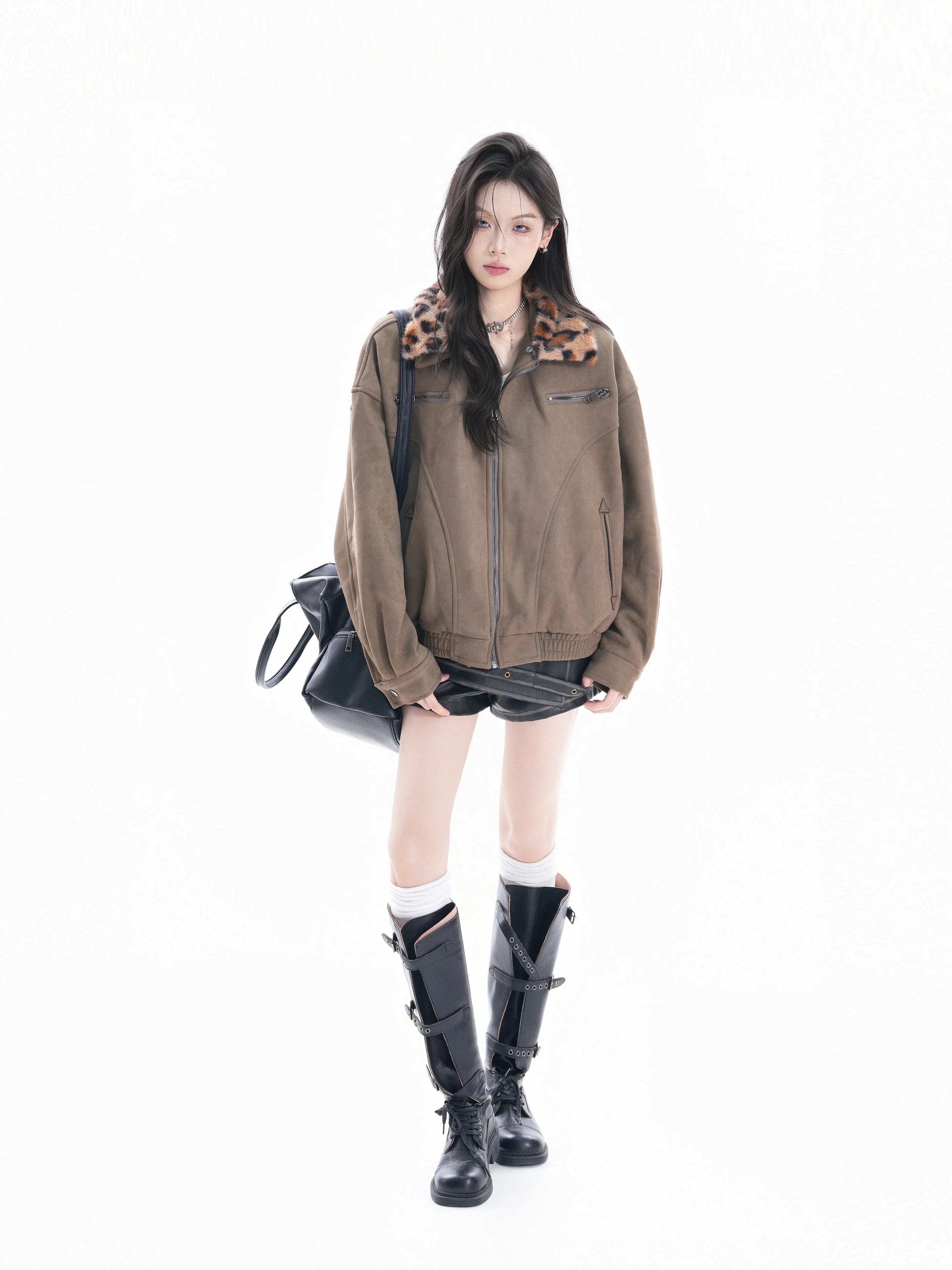 Zuocisankon Vintage Short Detachable Leopard Collar Jacket