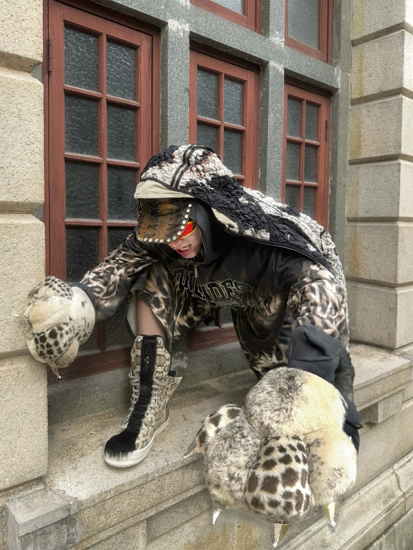 DND4DES   Plush Leopard Print Bear Claw Bag Genuine Leather Messenger Bag