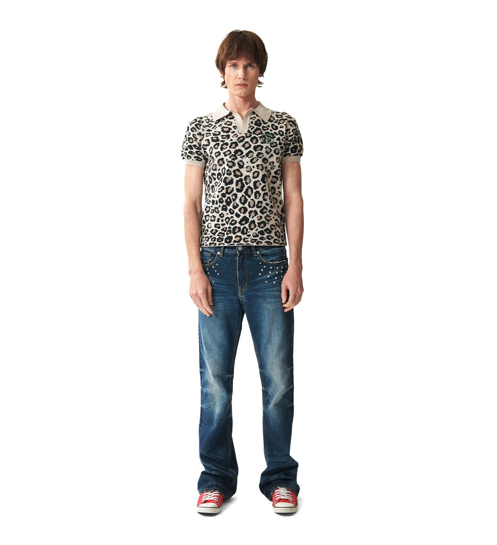 NumbAsia Embroidered Leopard Print Jacquard Sweater Polo Shirt