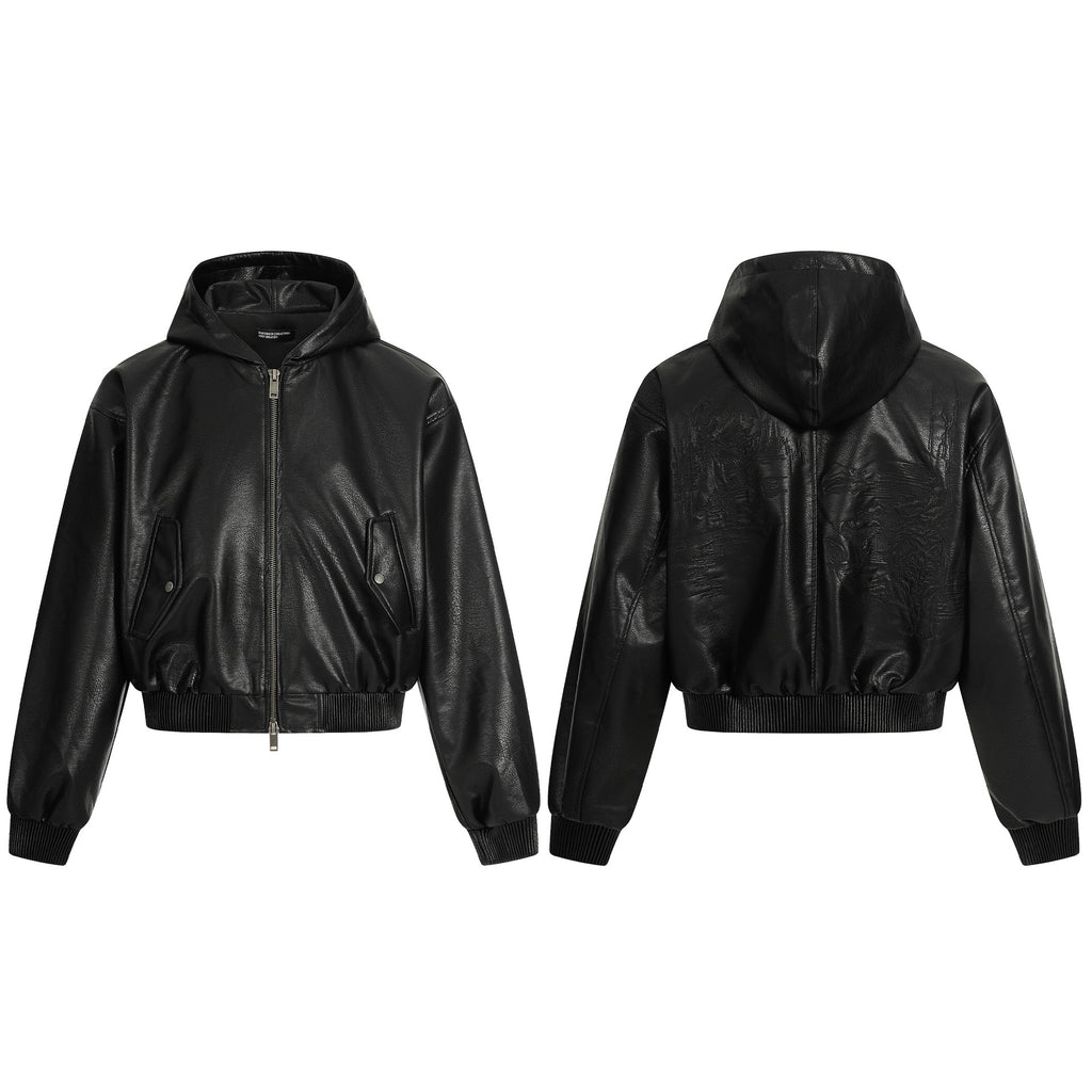 11KN Hooded Short Wide Leather Jacket Embossed Pattern Jacket