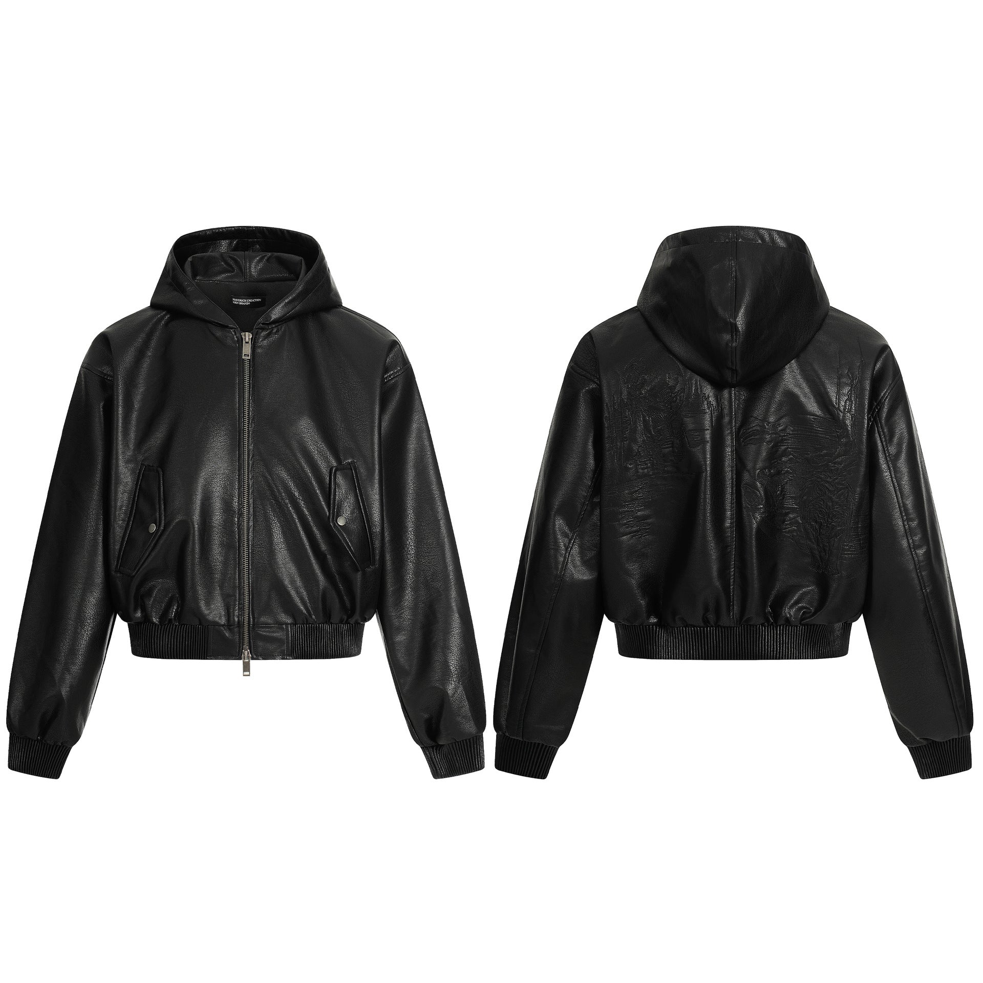 11KN Hooded Short Wide Leather Jacket Embossed Pattern Jacket