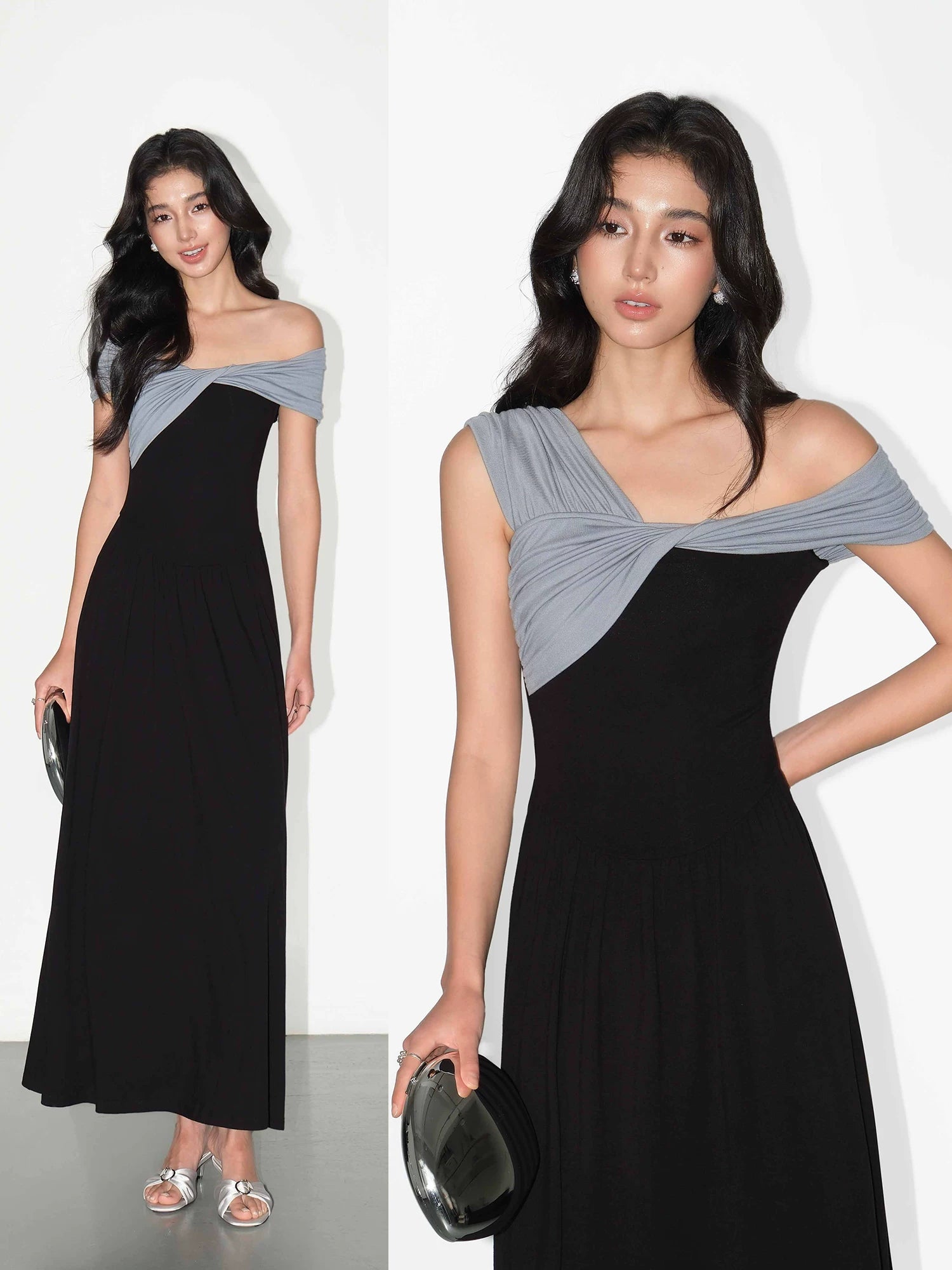NEVA HU Temperament One-word Shoulder Contrasting Color Splicing Dress