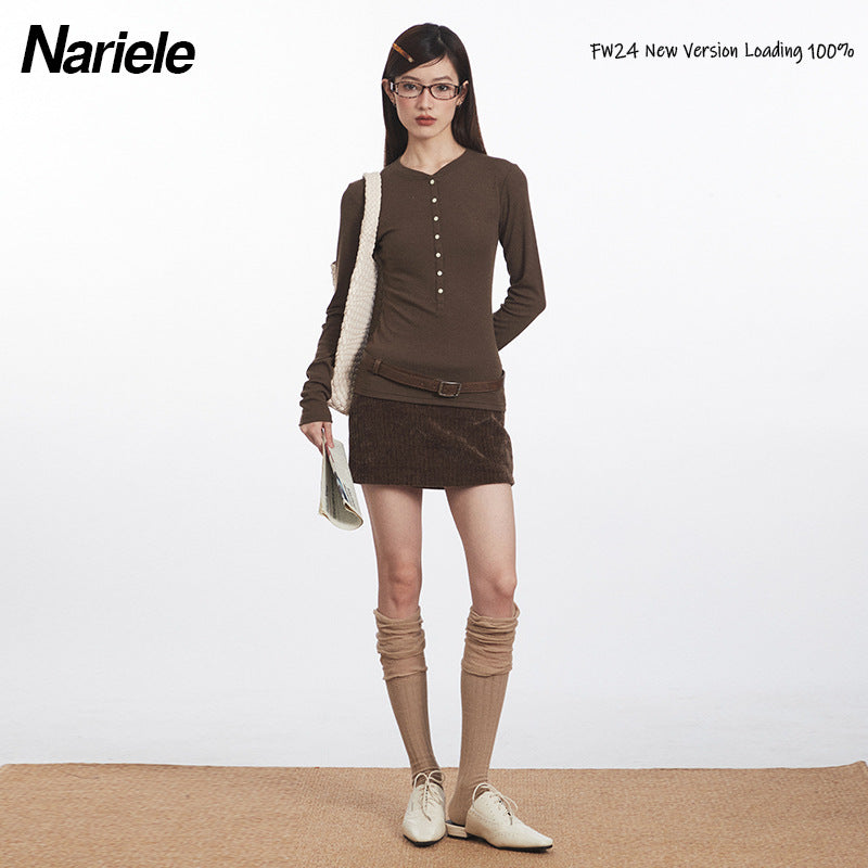 Nariele Button Design Slim Fit Crew Neck Long Sleeve
