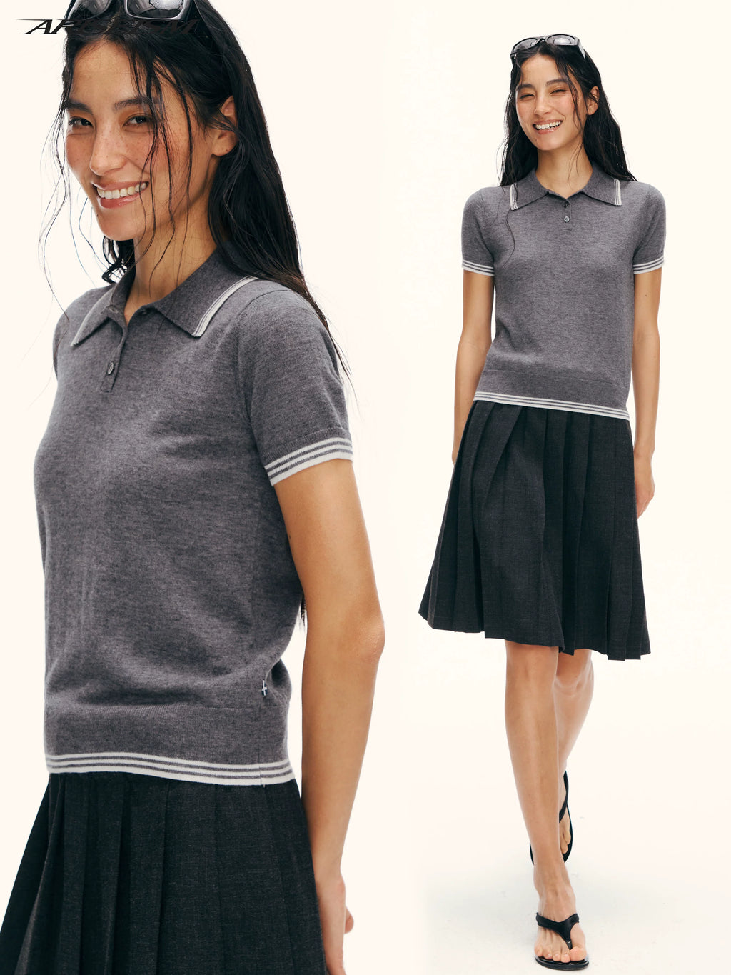 Ariseism Contrast Color Polo Collar Casual Tee