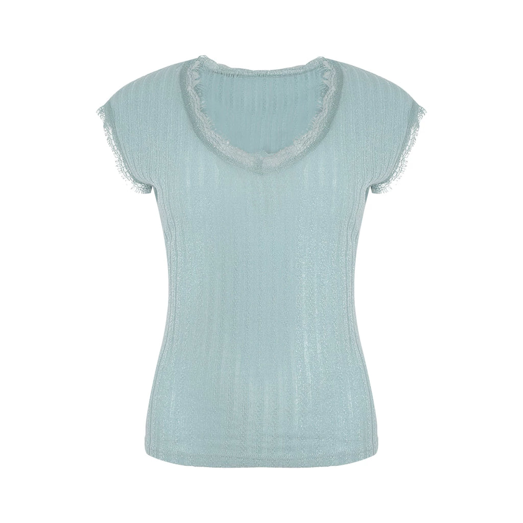 Wildberry V-neck Slim Slim Slim Lace Splicing Tee