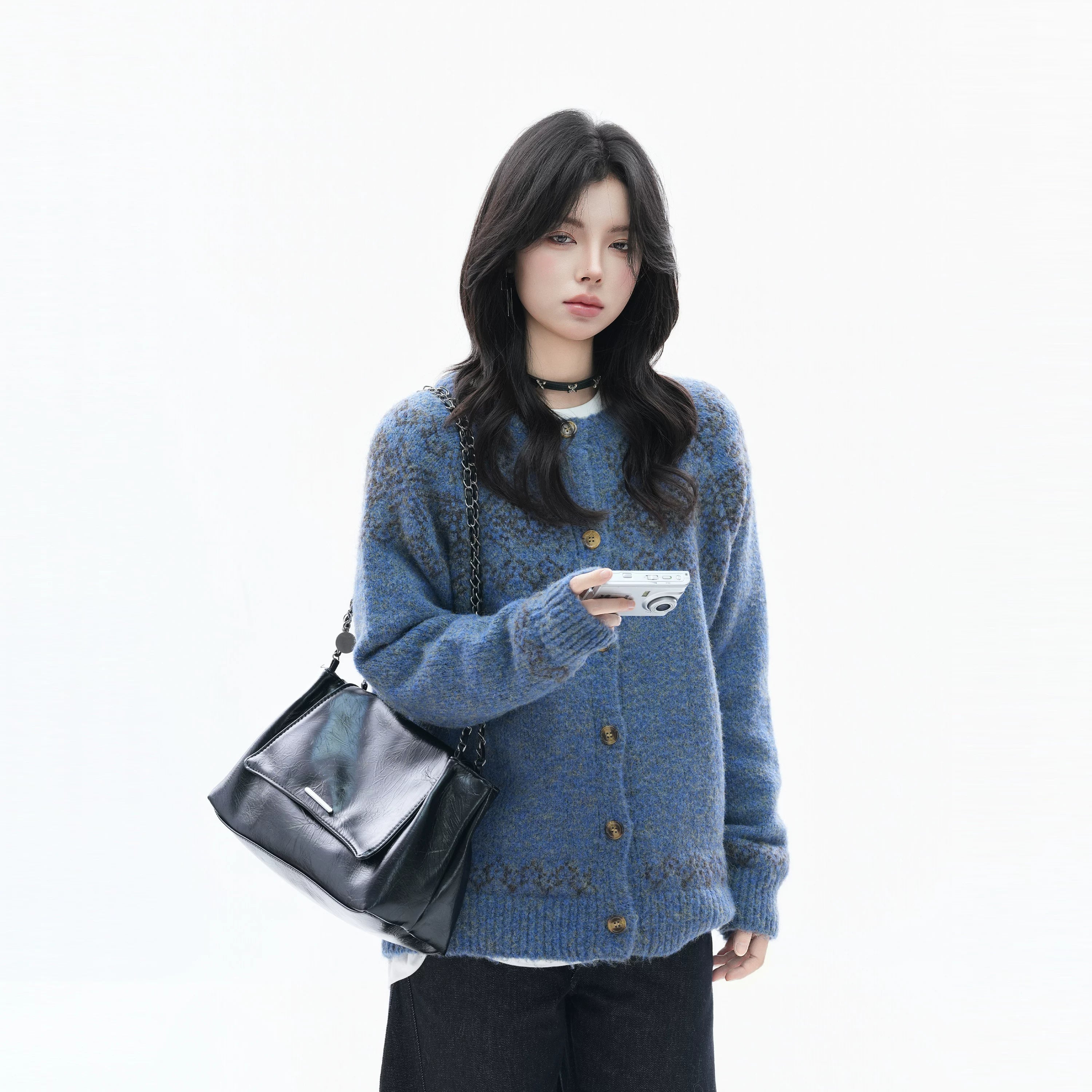 Zuocisankon Retro Tie-dye Jacquard Knitted Cardigan Sweater