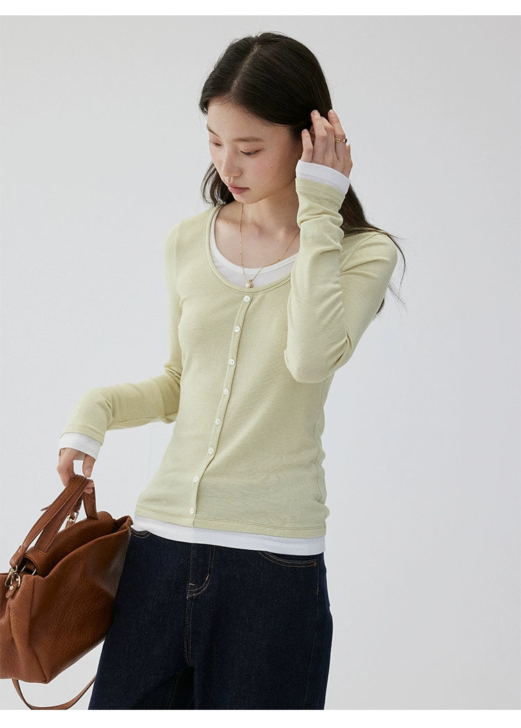 VOOE Fake Two Pieces Casual and Thin Round Neck Long Sleeves