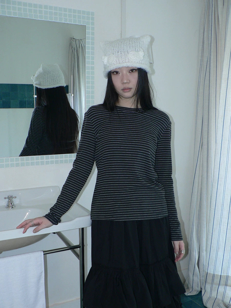 Ang:project Simple Casual Contrast Striped Crew Neck Long Sleeves