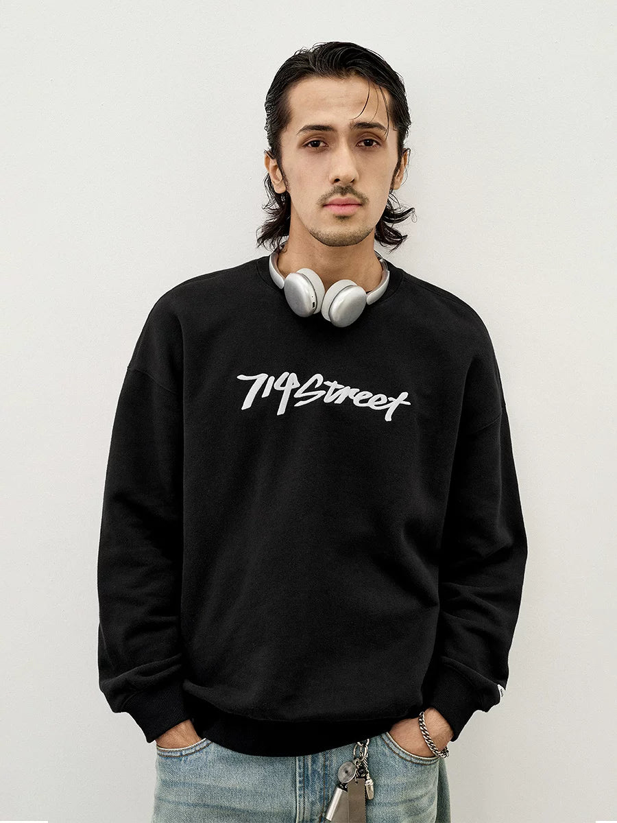 714Street Low Shoulder Sleeves Loose Silhouette Crew Neck Fleece Sweater