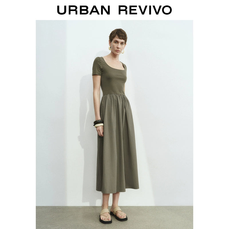 URBAN REVIVO Simple Stitching Slim-fitting Short-sleeved Dress