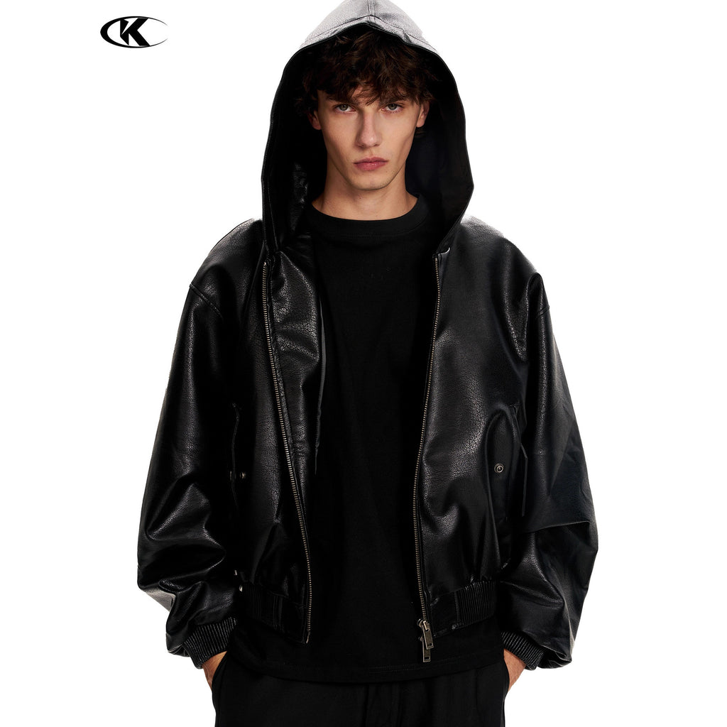 11KN Hooded Short Wide Leather Jacket Embossed Pattern Jacket