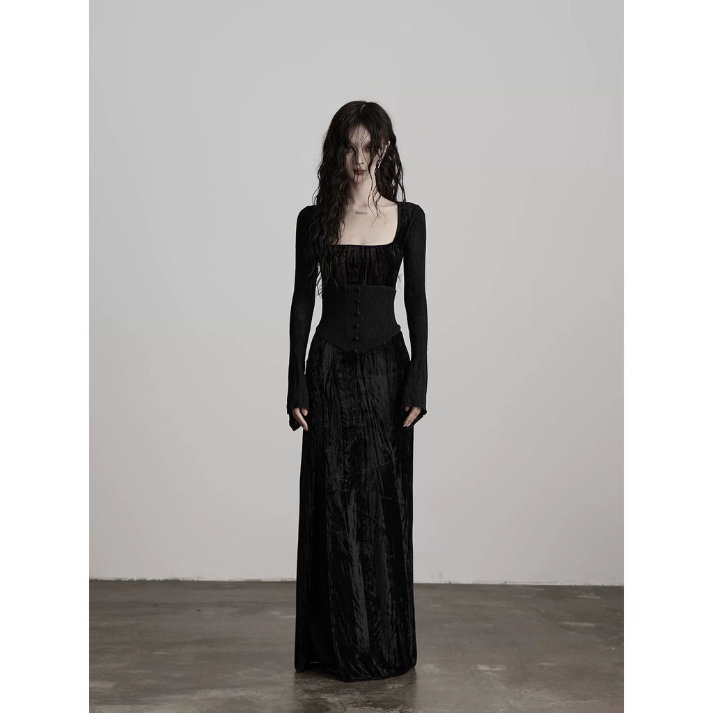 INDULGE Velvet Splicing Lace Long Sleeve Dress