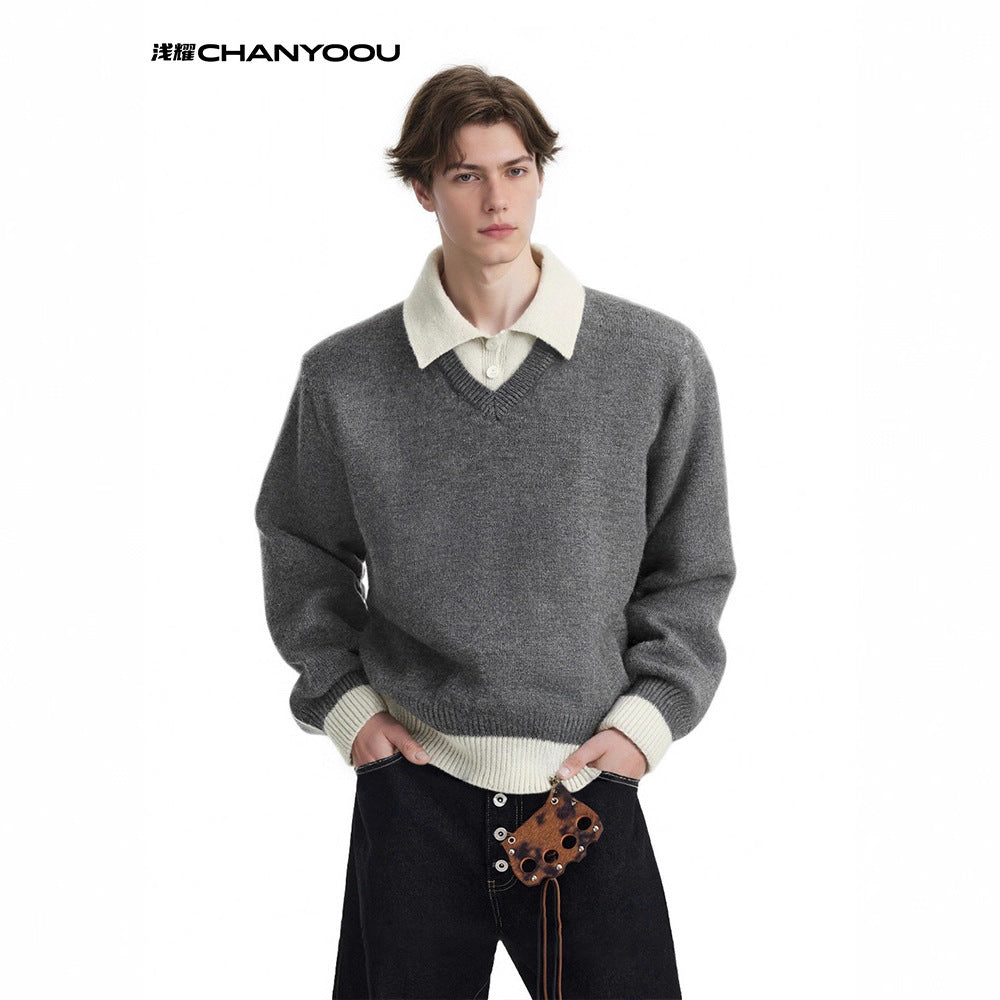 CHANYOOU Retro Color Matching Fake Two-piece POLO Neck Knitted Sweater
