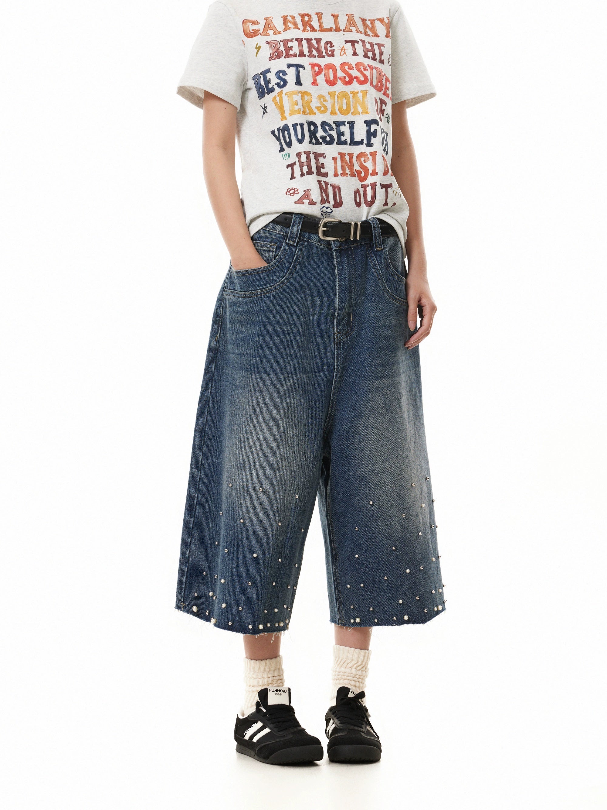 BTSG Pearl Vintage Loose Wide Leg Denim Shorts