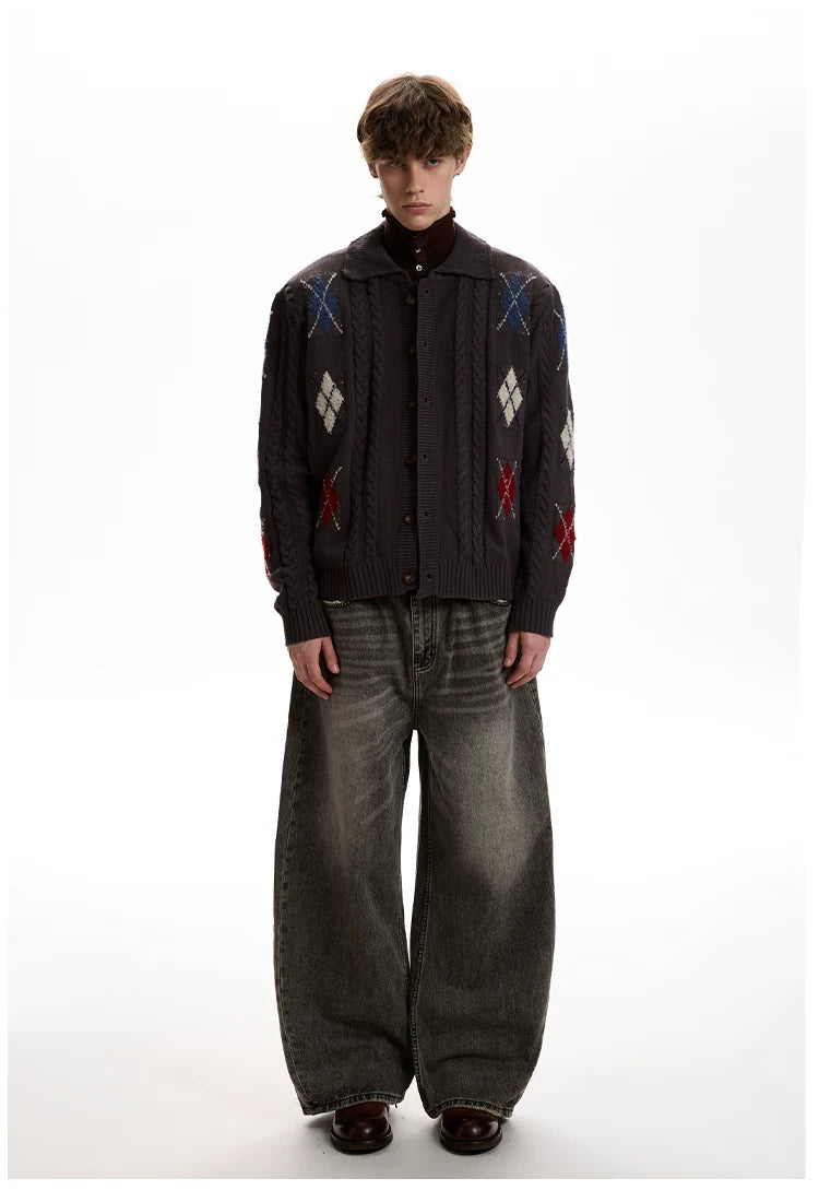 A PUEE Vintage Twist Rhombus Knitted Cardigan Sweater