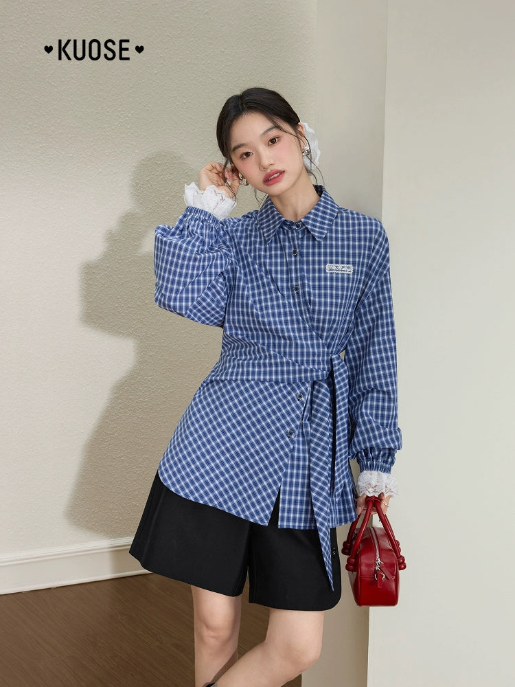 Kuose Lace Patchwork Waist Plaid Shirt