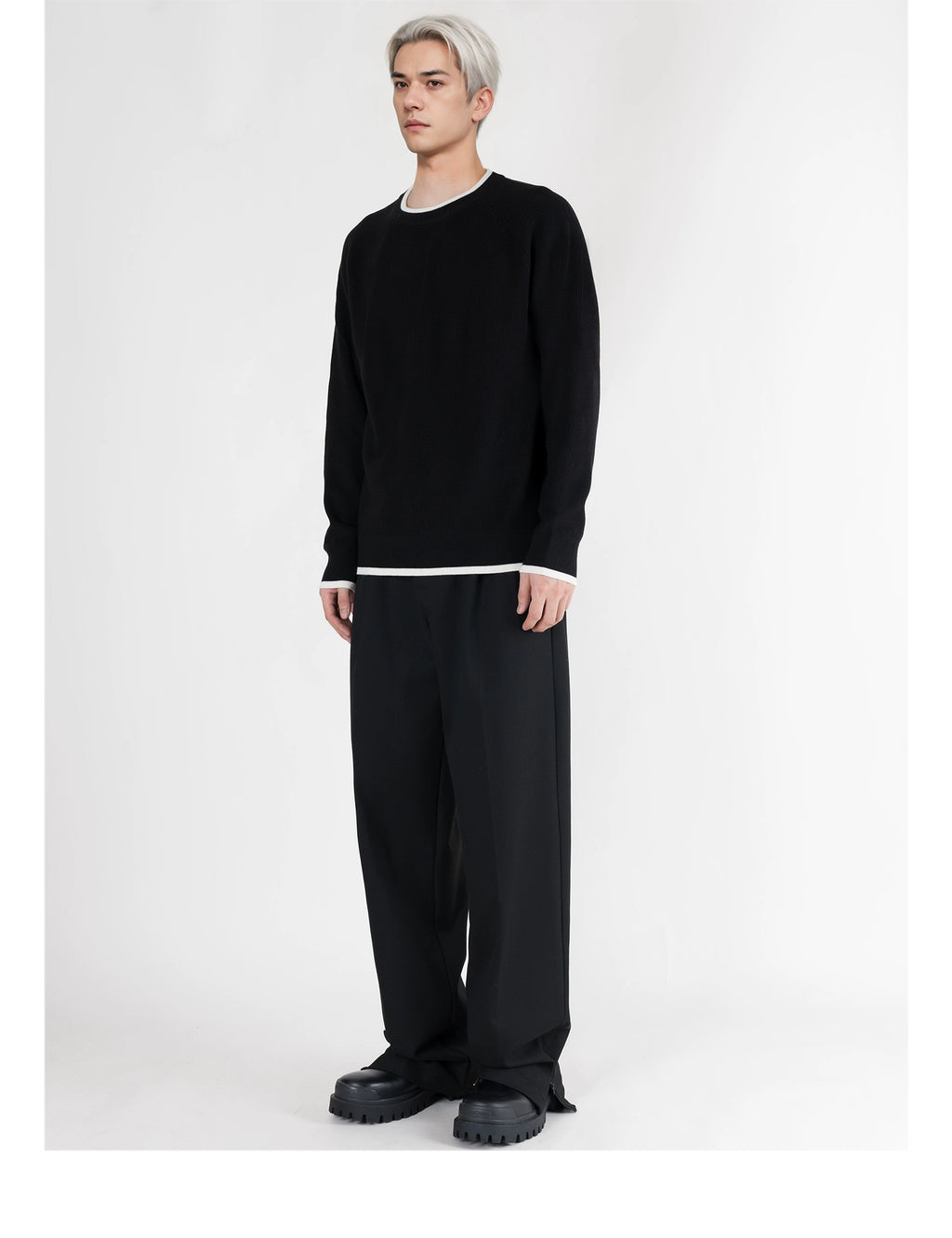 PERDU Shoulder Sleeves Contrasting Color Crew Neck Knitted Long-sleeved Sweater