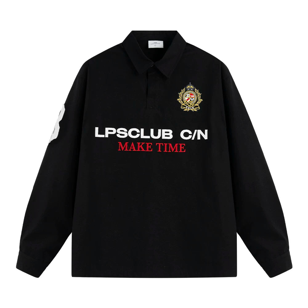 Loopsoon Alphabet Embroidered Lapel POLO Long Sleeve Shirt