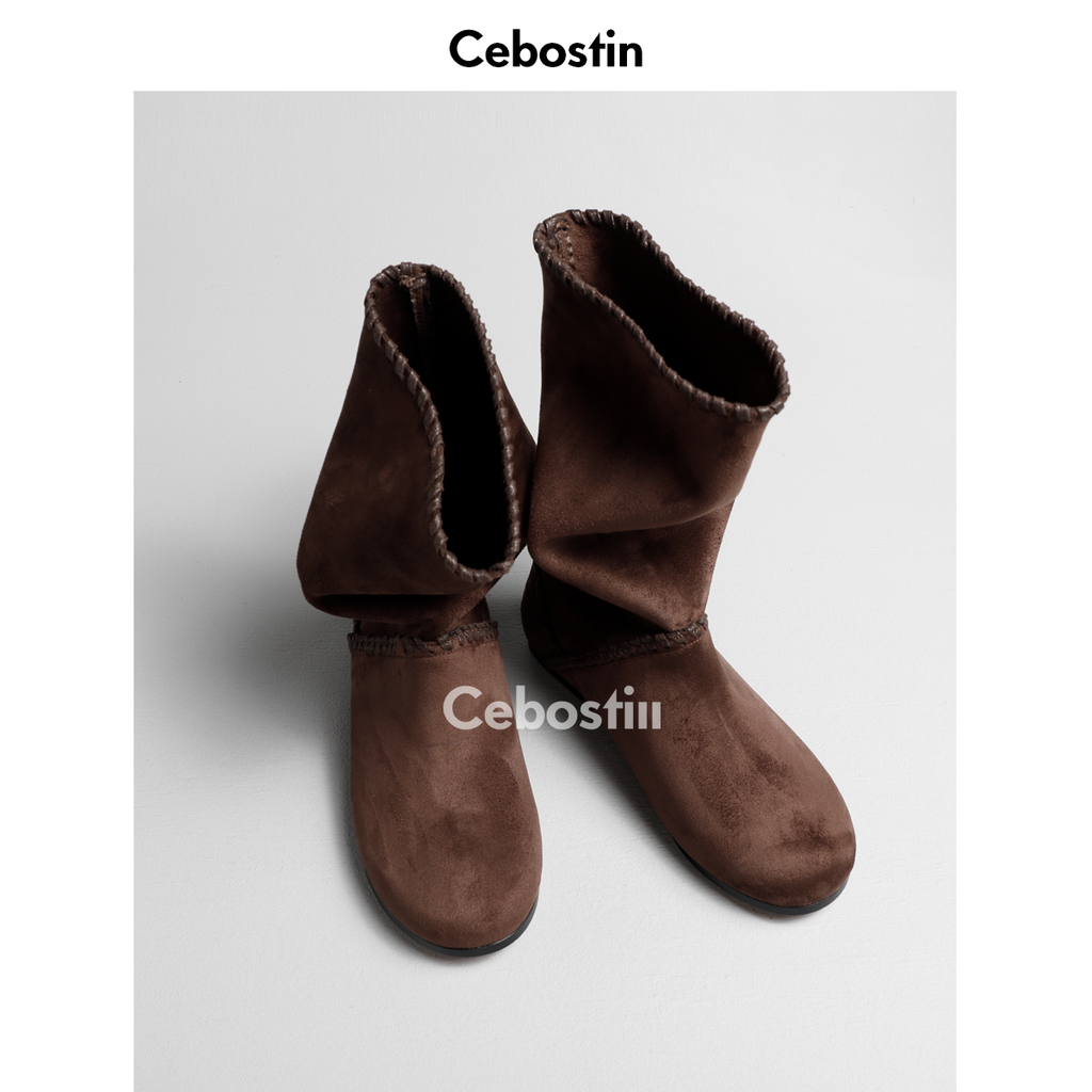 Cebostin Anti-fleece Leather Retro Flat-bottomed High Boots
