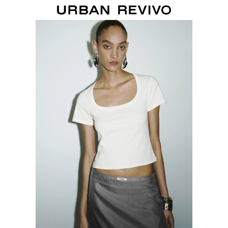 URBAN REVIVO Casual Slim Short U-Neck Short Sleeve T-Shirt