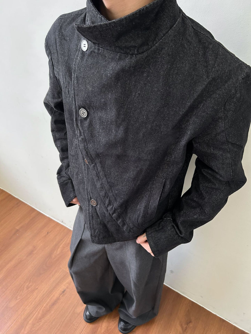 EME Stand-up Collar Button-down Denim Irregular Jacket