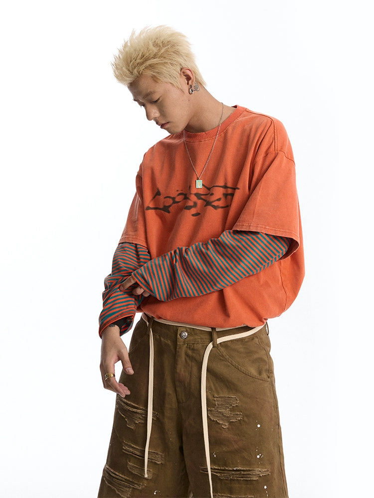 CoosRetro Phantom Print Washed Fake Two-piece Long Sleeve T