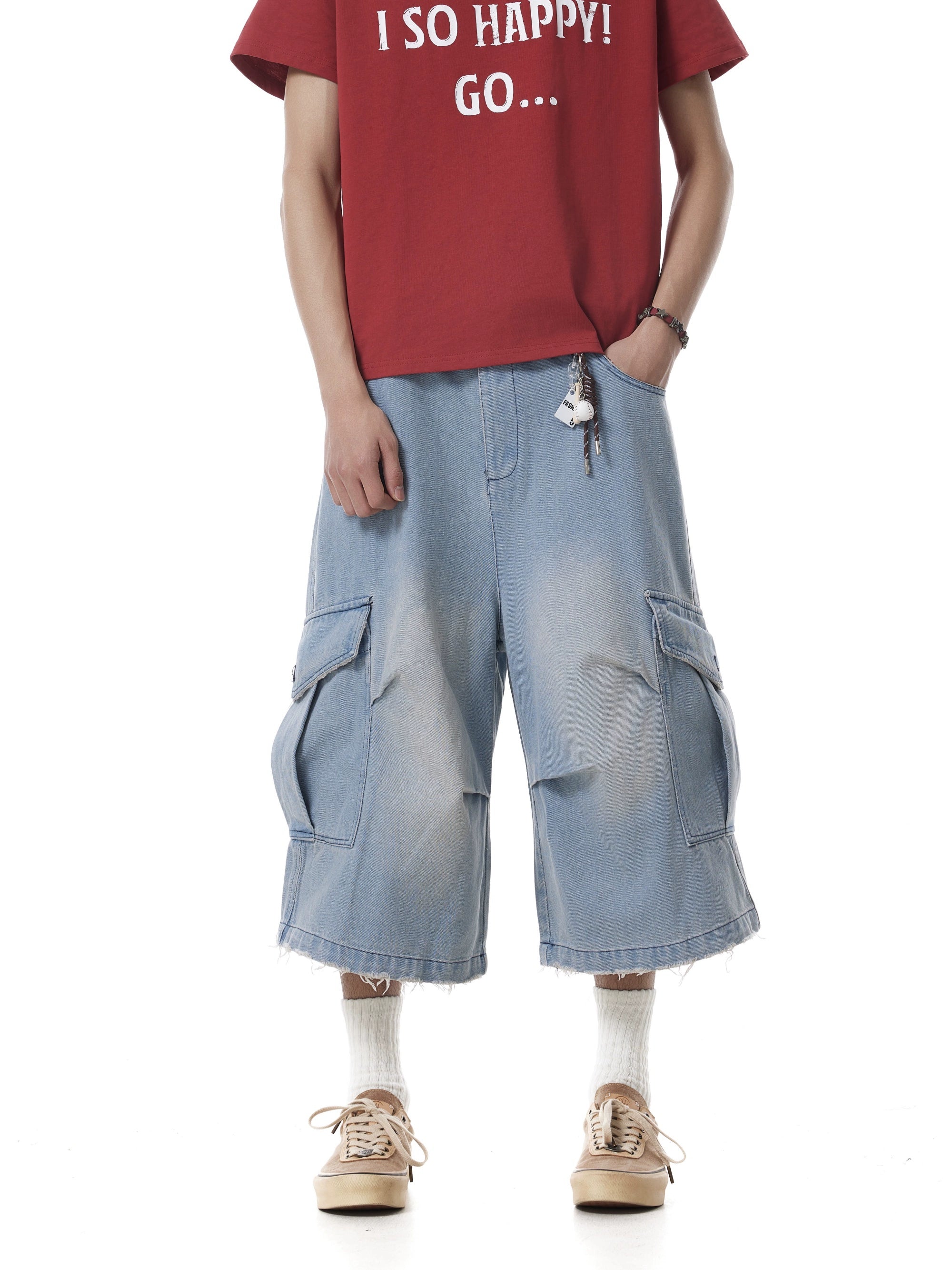 BTSG Premium Sense Natural Washed Pleated Denim Shorts