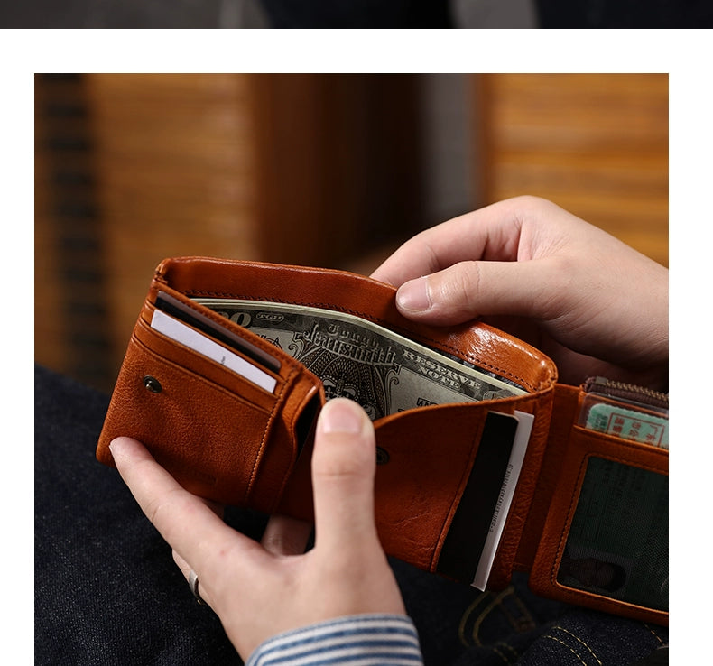 HALF WORK AtelierLeo first-layer cowhide wallet men's leather short handmade multi-card degaussing anti-theft swipe card bag wallet