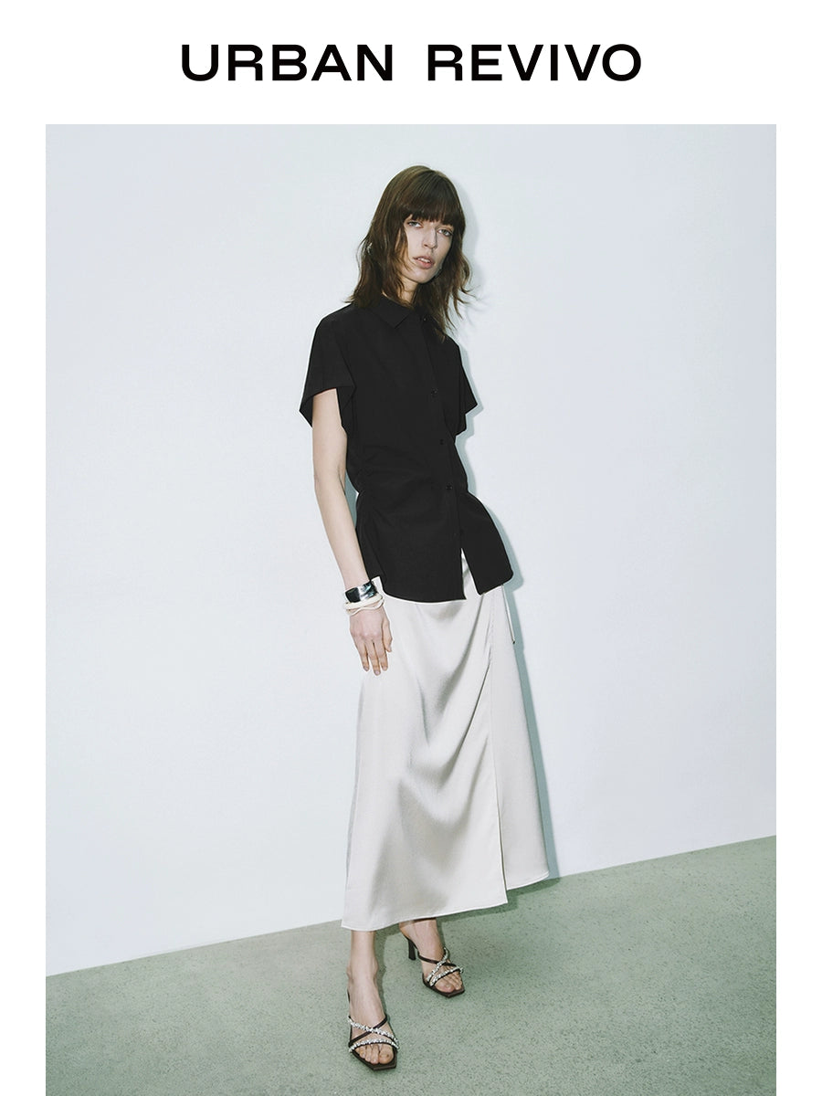 URBAN REVIVO Temperament Commuter Pleated Waist Open Shirt