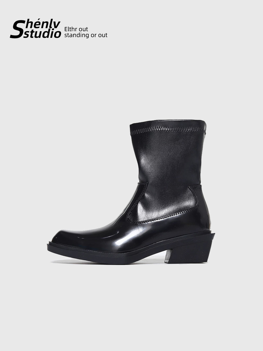 SHENLV STUDIO Glossy Side Zipper High Heel Square Head Leather Shoes
