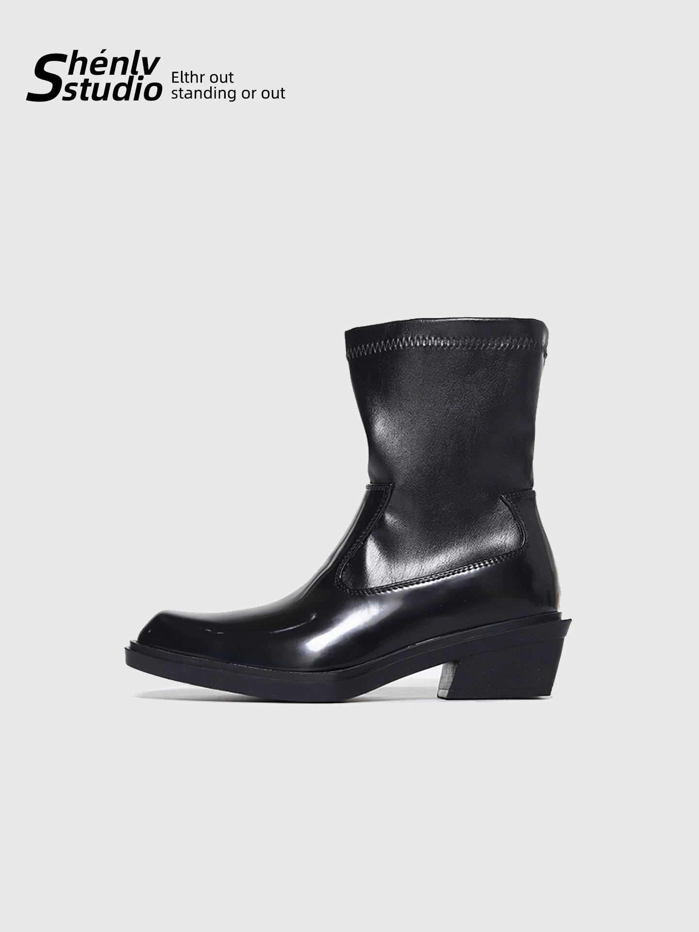 SHENLV STUDIO Glossy Side Zipper High Heel Square Head Leather Shoes
