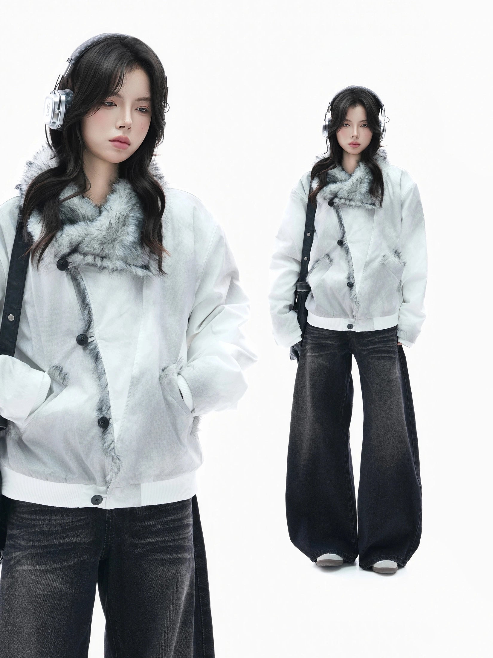 Zuocisankon Plush Lapel Diagonal Buckle Tie-dyed Cotton Jacket
